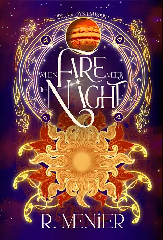 Book cover for “Fire Meets Night” by R. M. Enier, featuring ornate golden celestial designs and a fiery sun amid purple flames.